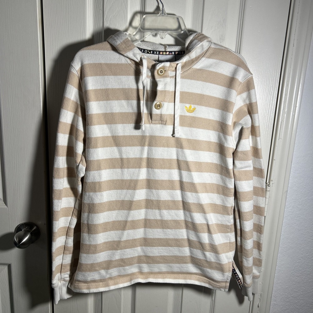 Adidas Originals Striped Hoodie Knit Tan White Men's Sz S Resort Nautical